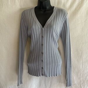 E-89 Ballinger Gold Gray Long Sleeve Ribbed Button Front Cardigan Sweater Size L
